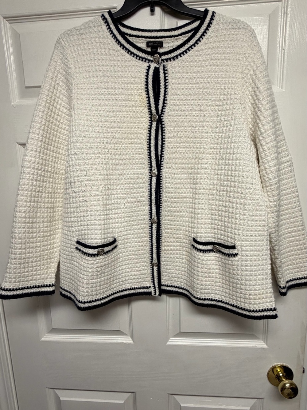 J. Jill Cream Knit Cardigan with Black Trim